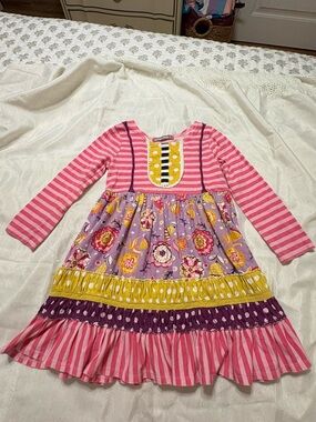 Jelly the Pug girls dress size 5 patchwork floral stripe boutique twirl ruffle